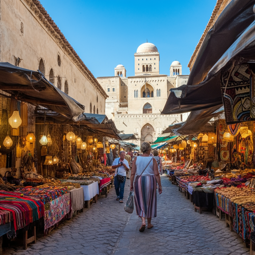 A Glimpse of Exotic Charm: A Bustling Marketplace Under the Mosque’s Shadow