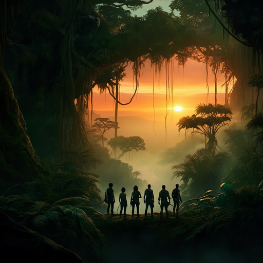 Silhouettes of Adventure: A Misty Jungle Sunset