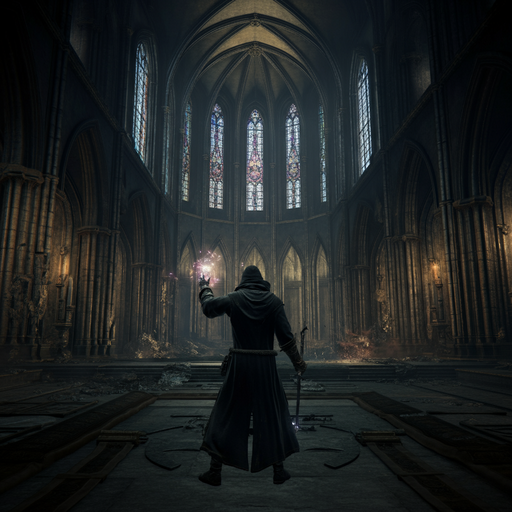 Spellbound in Ruins: A Lone Figure Conjures Magic in a Crumbling Cathedral