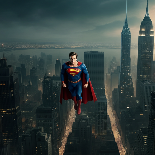 Superman Soars Above the City at Dusk