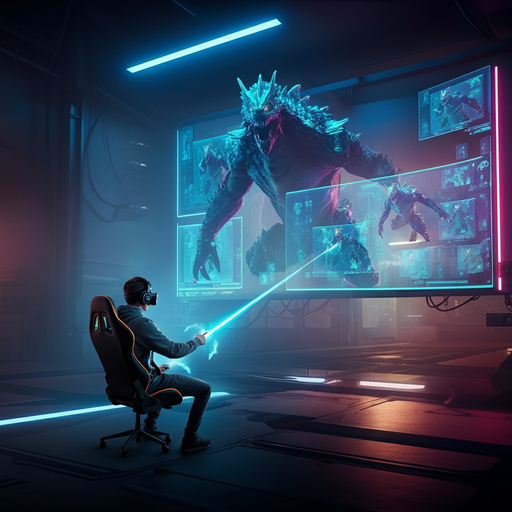 Immersed in the Fight: Gamer Battles Digital Monster in Neon-Lit Arena