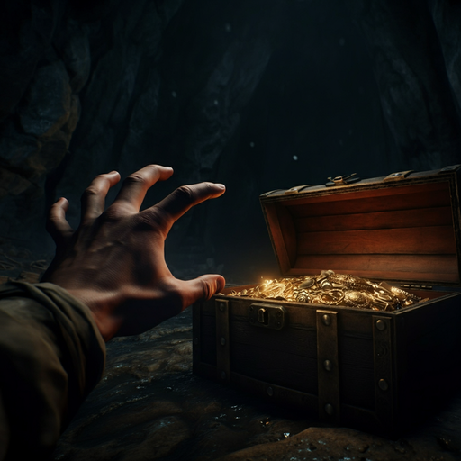 Unveiling the Treasure: A Hand Reaches for Riches in a Mysterious Cave