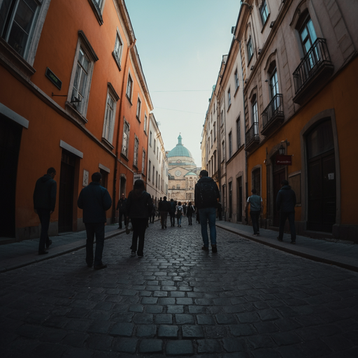 A Mysterious Cobblestone Street Leading to a Grand Dome