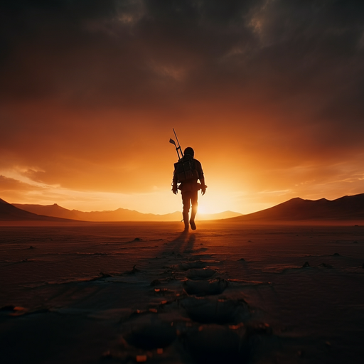 Silhouetted Against the Setting Sun: A Lone Wanderer Embarks on a Desert Adventure