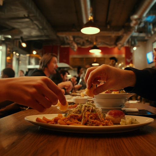 Hands Reaching for Food: A Moment of Shared Enjoyment