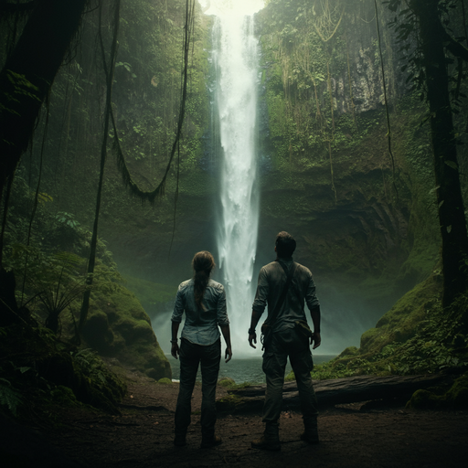 Lost in the Majesty: Two Figures Witness a Waterfall’s Power