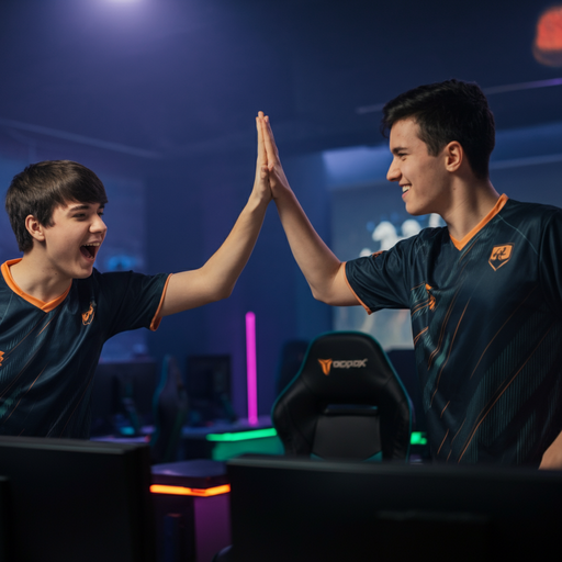 Esports Victory Celebrated with High Five in Electric Atmosphere