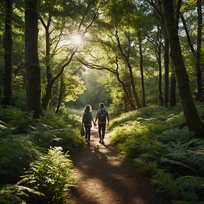 Sunlight Dappled Romance: A Couple’s Stroll Through a Lush Forest