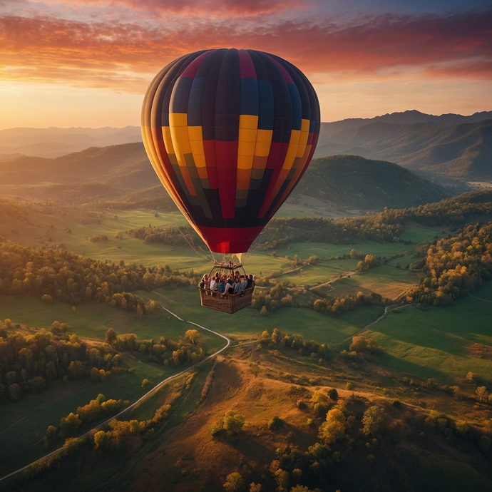 Sunset Serenity: A Hot Air Balloon Soars Over a Verdant Valley