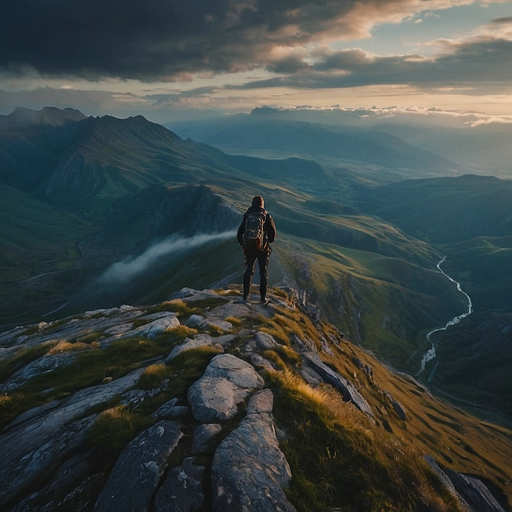 Golden Sunset Bathes Mountaintop Hiker in Serene Majesty