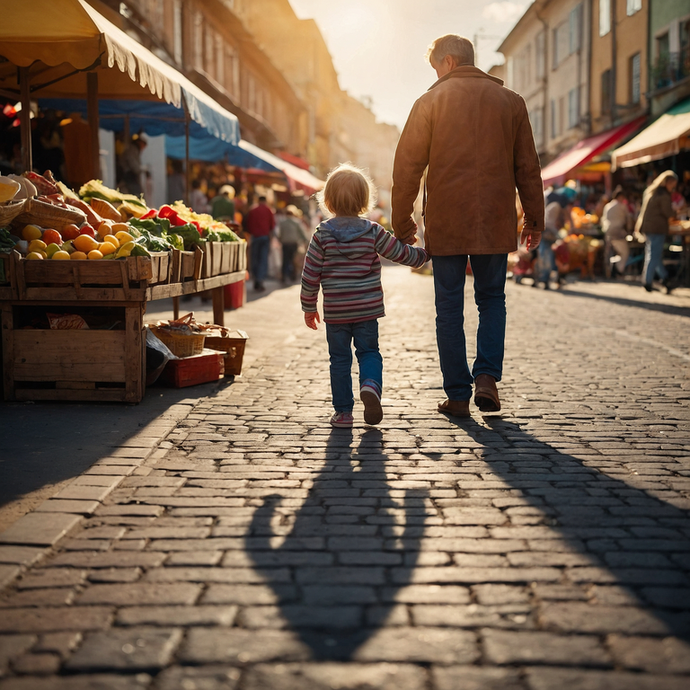 A Moment of Shared Joy: Father and Child Stroll Through a Sunny Market