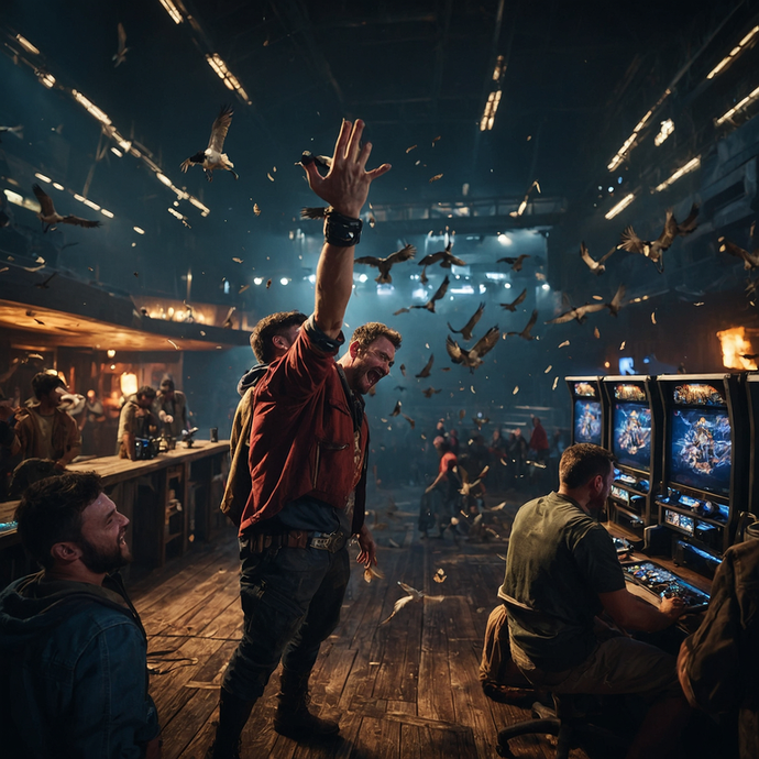 Chaos Reigns: A Man in Red Celebrates Amidst a Bird-Filled Bar