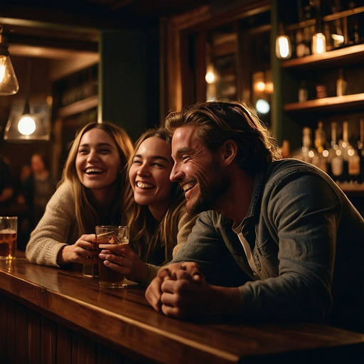 Laughter and Warmth: Friends Share a Joyful Moment at a Cozy Bar