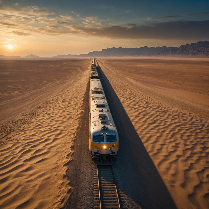 A Train Disappears into the Golden Desert