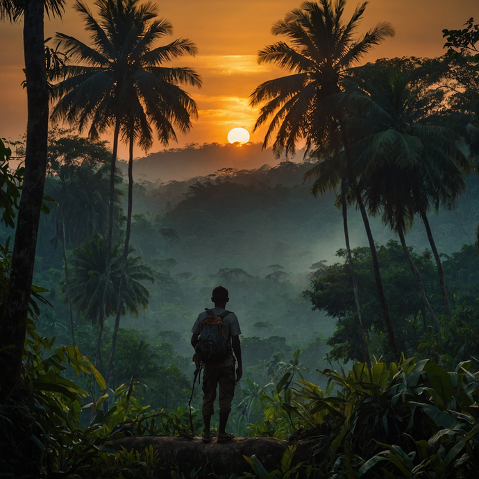 Silhouetted Against the Setting Sun, a Lone Figure Contemplates the Mystery of the Jungle