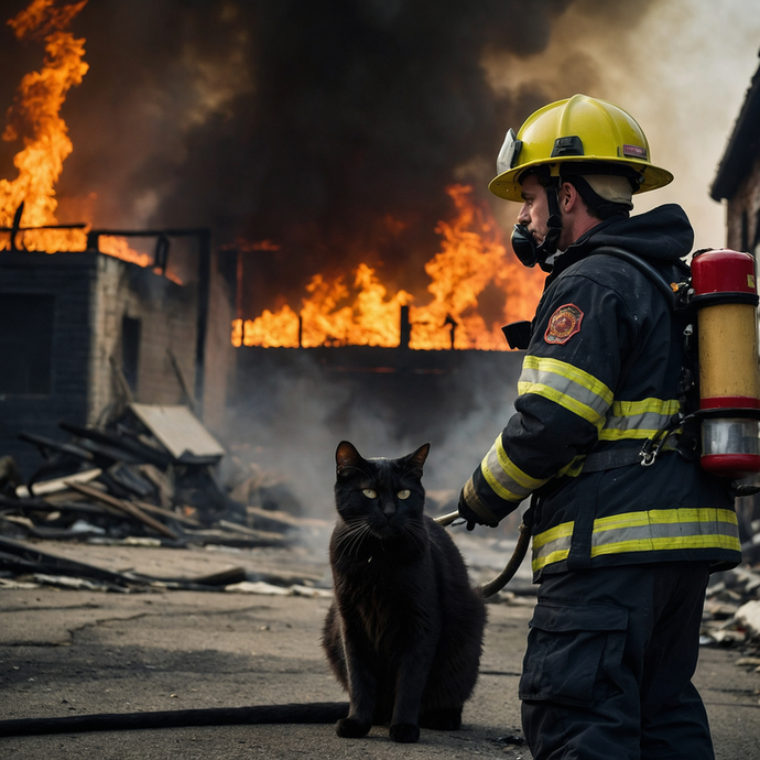 Amidst the Flames, a Moment of Calm: Firefighter and Feline Face the Inferno