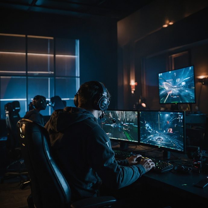 In the Zone: A Gamer’s Intense Focus Under the Glow of Three Monitors