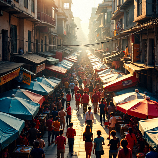 A Bustling Street Market Bathed in Golden Light