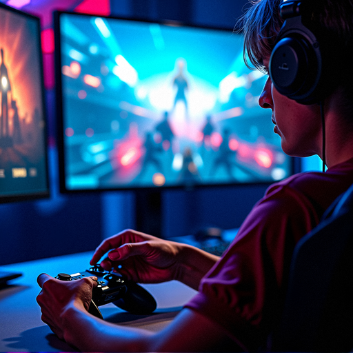 Immersed in the Game: Blue and Red Lights Illuminate a Gamer’s Focus