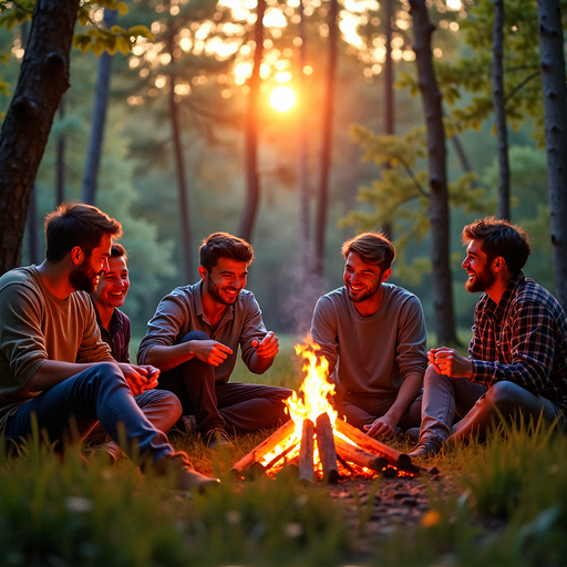 Campfire Tales: Friends Gather Under a Sunset Sky