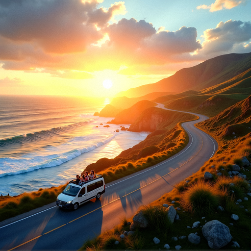 Sunset Adventure: A Van Full of Joy on a Coastal Road