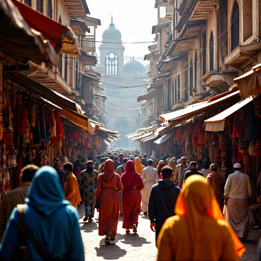 A Vibrant Tapestry of Life: Street Market Bustle with a Mosque in the Distance