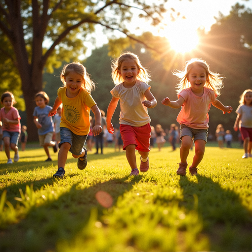 Sun-Kissed Joy: Three Little Girls Run Free in a Park