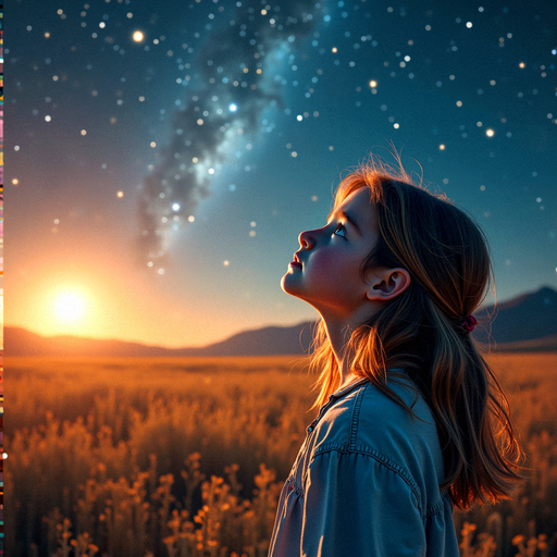 Silhouetted Dreams: A Girl Gazes at the Starry Sunset