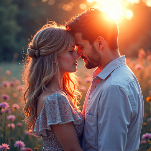 A Timeless Love Story: Sunset Embrace in a Field of Flowers