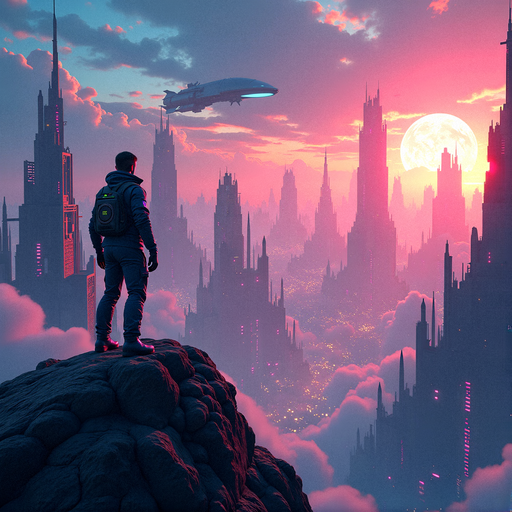 A Lone Figure Gazes Upon a Futuristic City in the Clouds