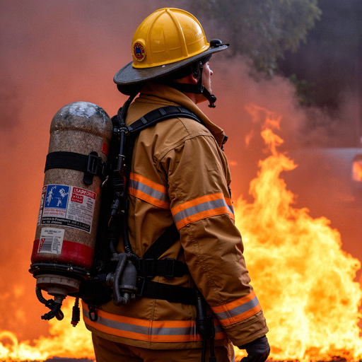 Firefighter’s Stoic Gaze Amidst the Inferno