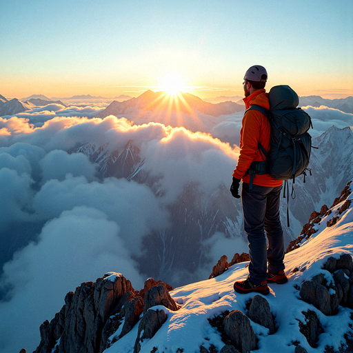 Solitude and Majesty: A Hiker’s Sunset on a Snowy Peak