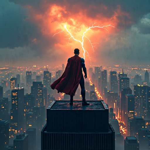 Superhero Stands Tall Amidst a Stormy Cityscape