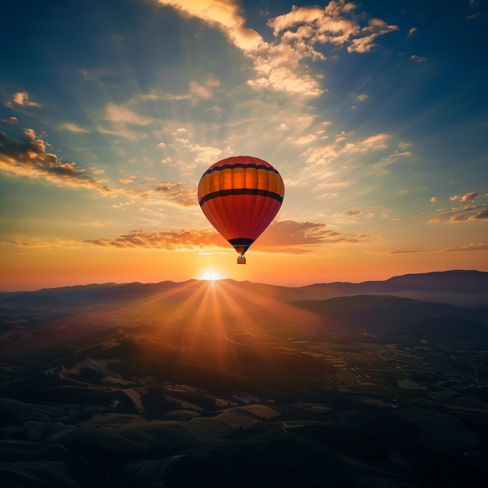 Sunset Serenity: A Hot Air Balloon Soars Through Golden Clouds