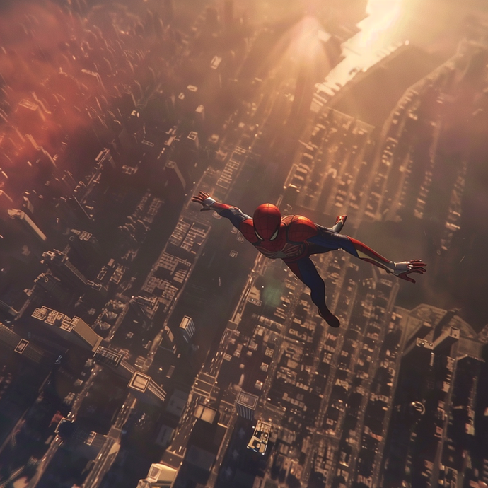 Spider-Man’s Daring Plunge: A City Below, The Sun Above