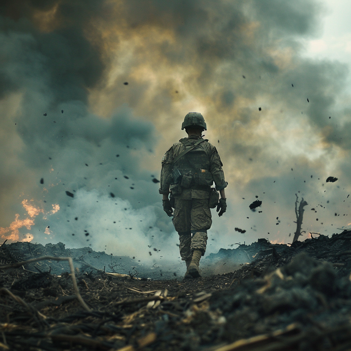 A Lone Soldier Walks Through the Ashes of War