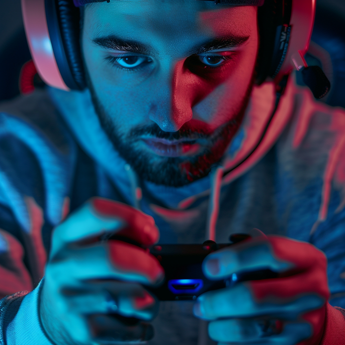 Immersed in the Game: A Gamer’s Focus Under Neon Lights