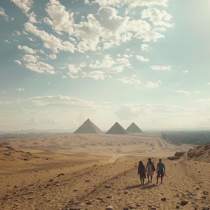 Awe-Inspiring Journey: Three Travelers Approach the Pyramids