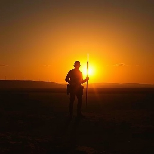 Silhouette of Solitude: A Figure Walks Towards the Setting Sun