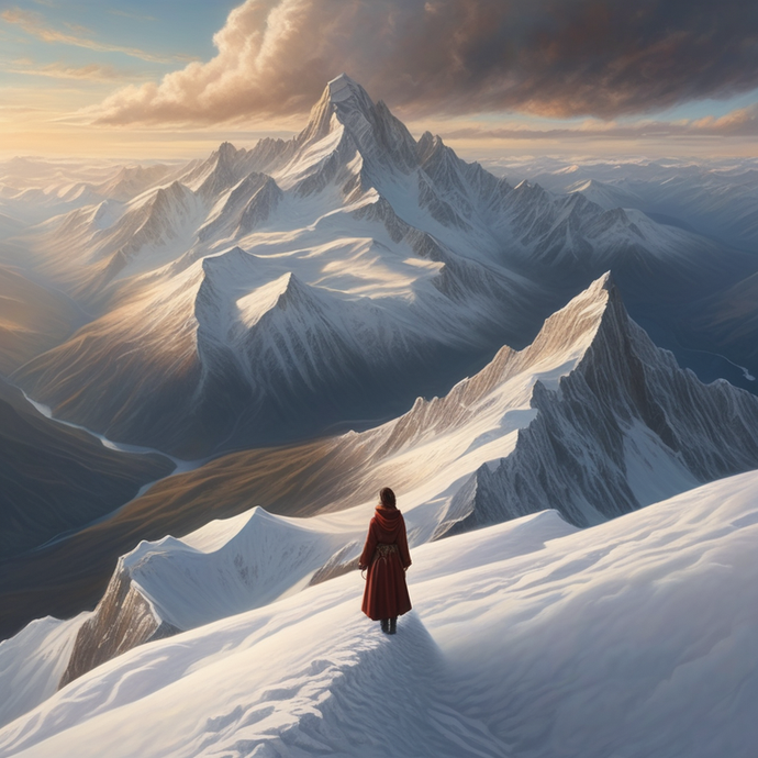 Solitude on the Summit: A Majestic Sunset Over the Snowy Peaks