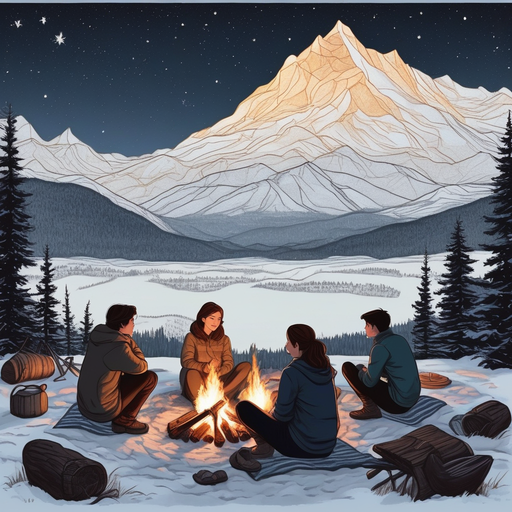 Warmth Amidst the Cold: A Serene Campfire Under a Starry Sky