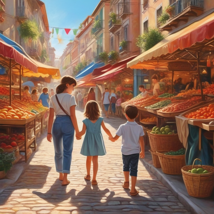 A Family’s Joyful Stroll Through a Vibrant European Marketplace