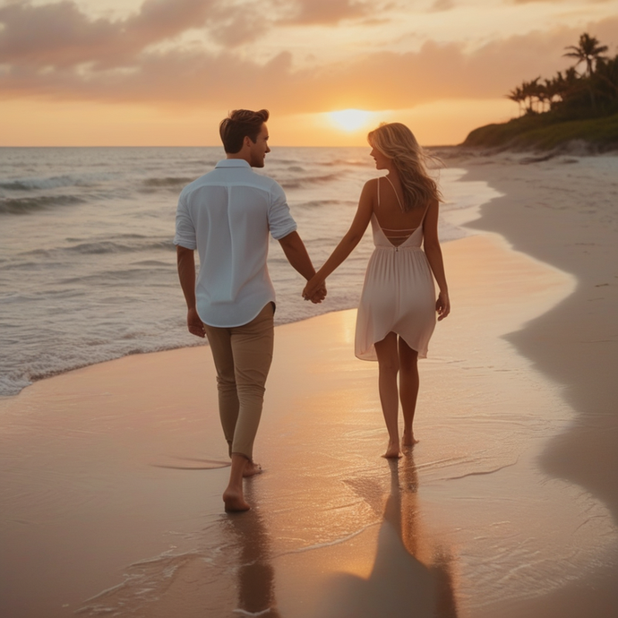 Sunset Romance: A Couple’s Stroll on the Beach