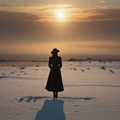 Silhouetted Solitude: A Woman Contemplates the Vastness of Winter