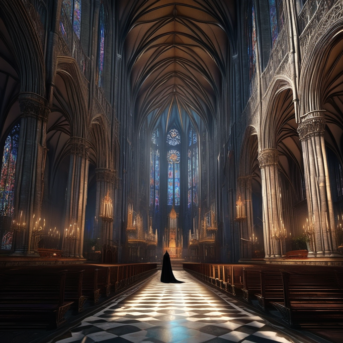 Solitude in Stone: A Figure Stands Tall in a Gothic Cathedral