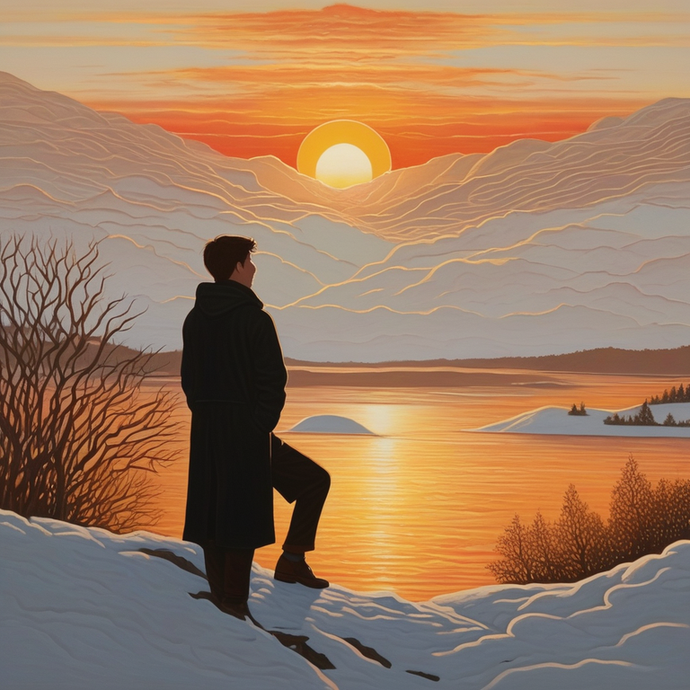 Silhouettes of Solitude: A Serene Sunset Over a Snowy Lake