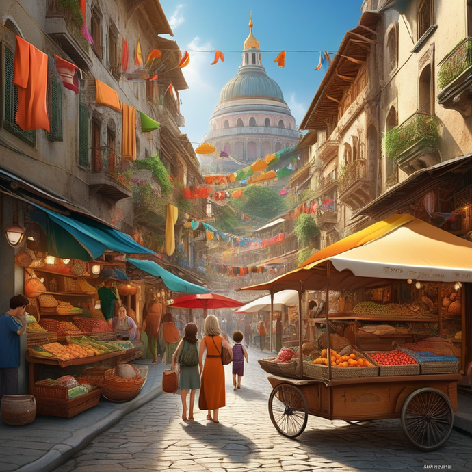 A Glimpse of Medieval Majesty: A Bustling Marketplace Under a Grand Dome