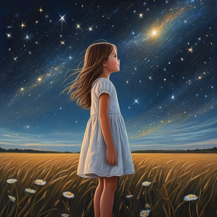 A Night of Wonder: A Young Girl’s Dreamy Gaze at the Starry Sky