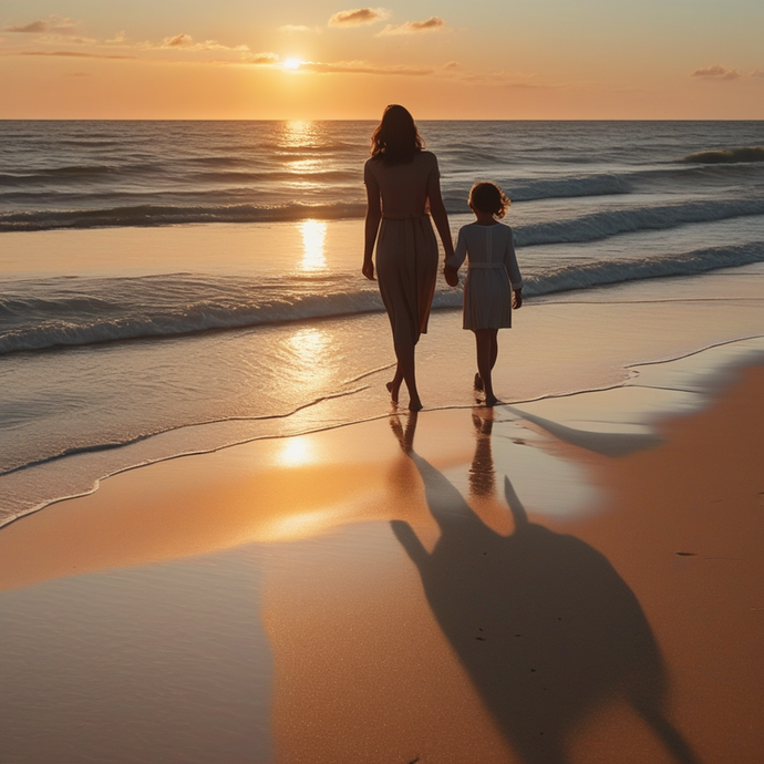 Golden Hour Silhouettes: A Mother and Daughter’s Walk on the Beach