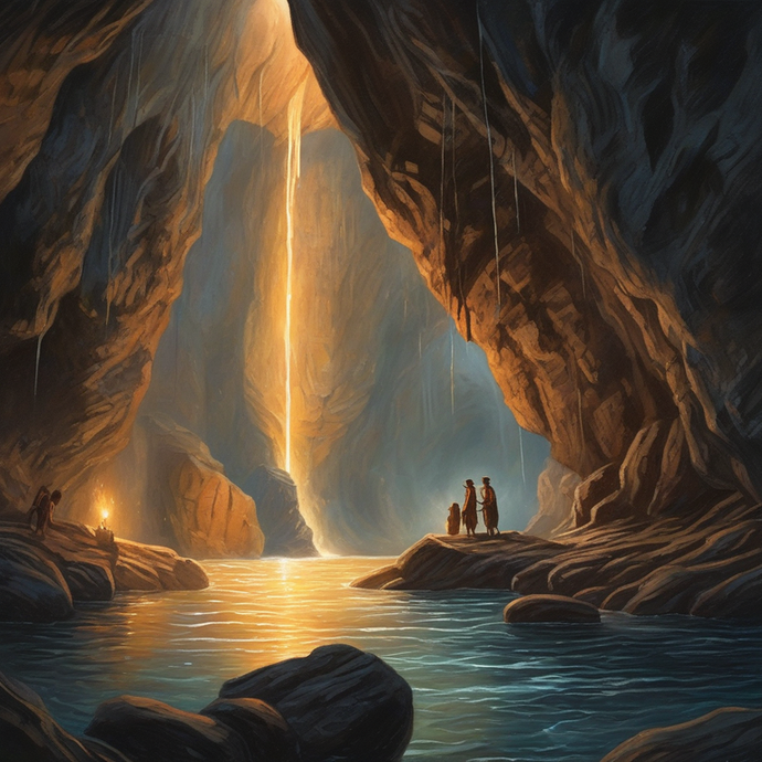 Golden Waterfall Illuminates Enigmatic Figures in a Mystical Cave